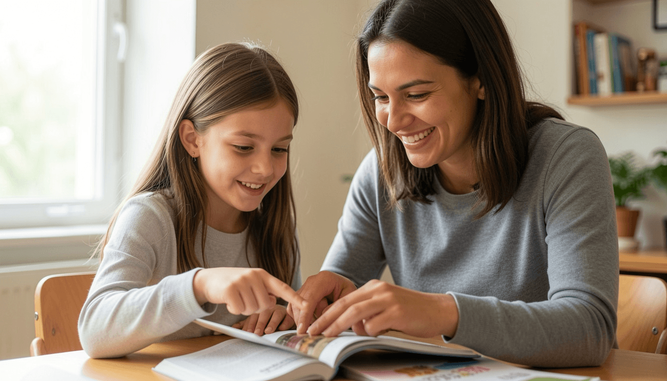 Une maman aide sa fille à faire ses devoirs à la maison