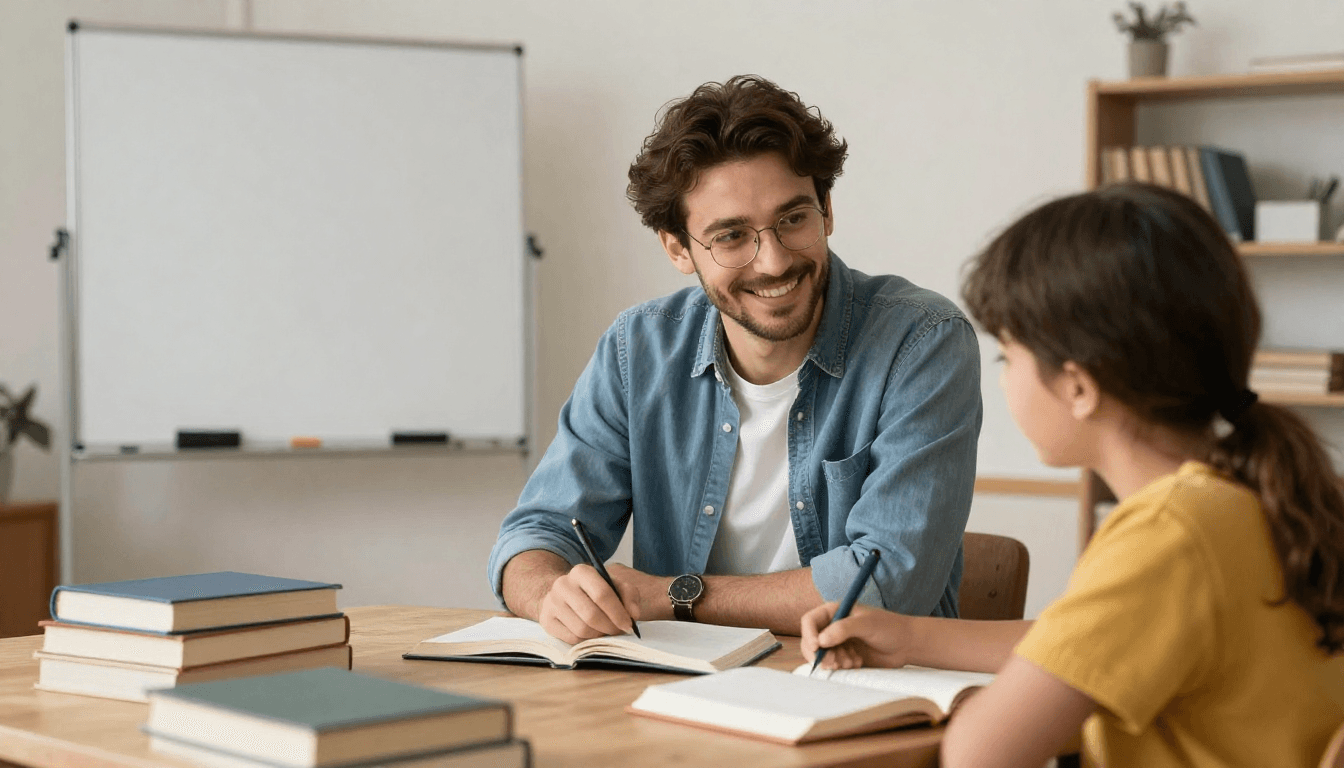 Un professeur particulier donne un cours à une élève devant un tableau blanc
