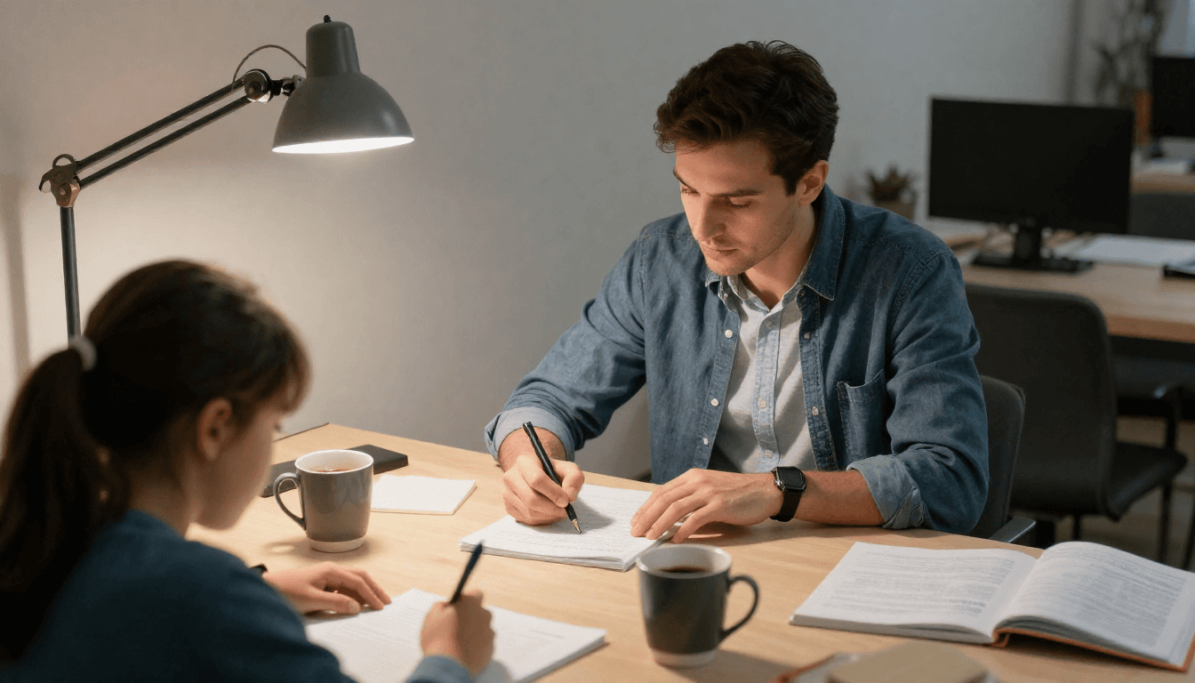 Un élève travaille avec son professeur particulier en soirée